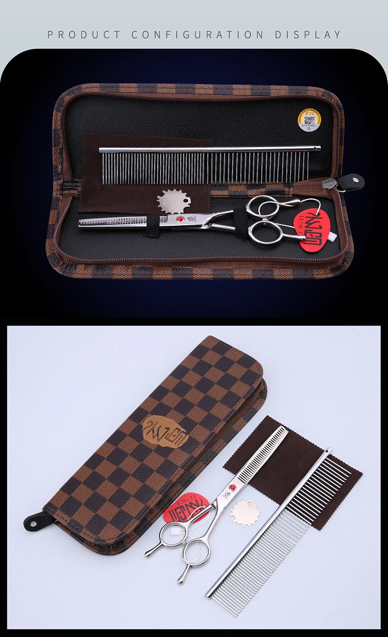 Ensemble de ciseaux de toilettage pour chiens montrant le détail de la lame à effiler.