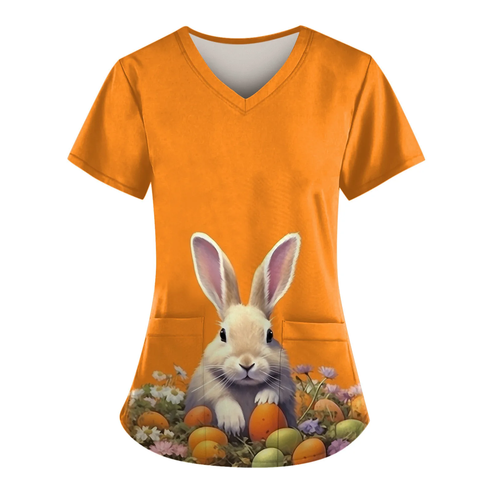 

Женская Пасхальная блузка с коротким рукавом, V-образным вырезом и карманами