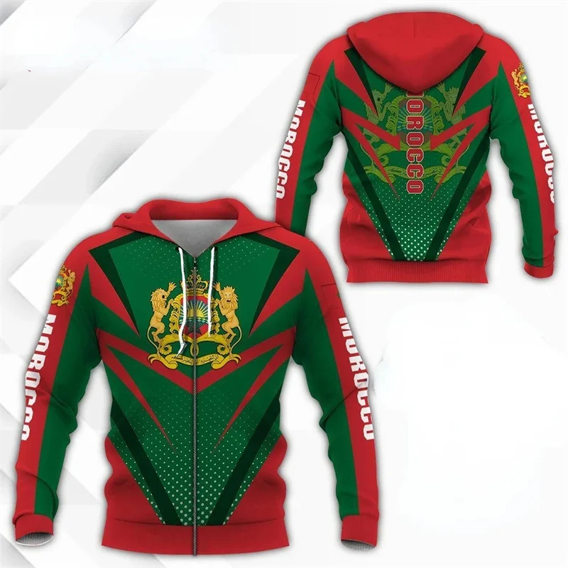 Sudadera con capucha y cremallera con estampado del emblema de Marruecos en 3D para hombre, tótem espiritual, bandera de Marruecos, sudadera con capucha con cremallera, ropa Harajuku Y2k