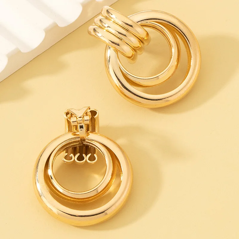 Gold Plated Geometric Big Round Clip on Earrings for Women Girl Ear Clip Without Piercing Fashion Jewelry ear clip earrings clip earrings ear clip