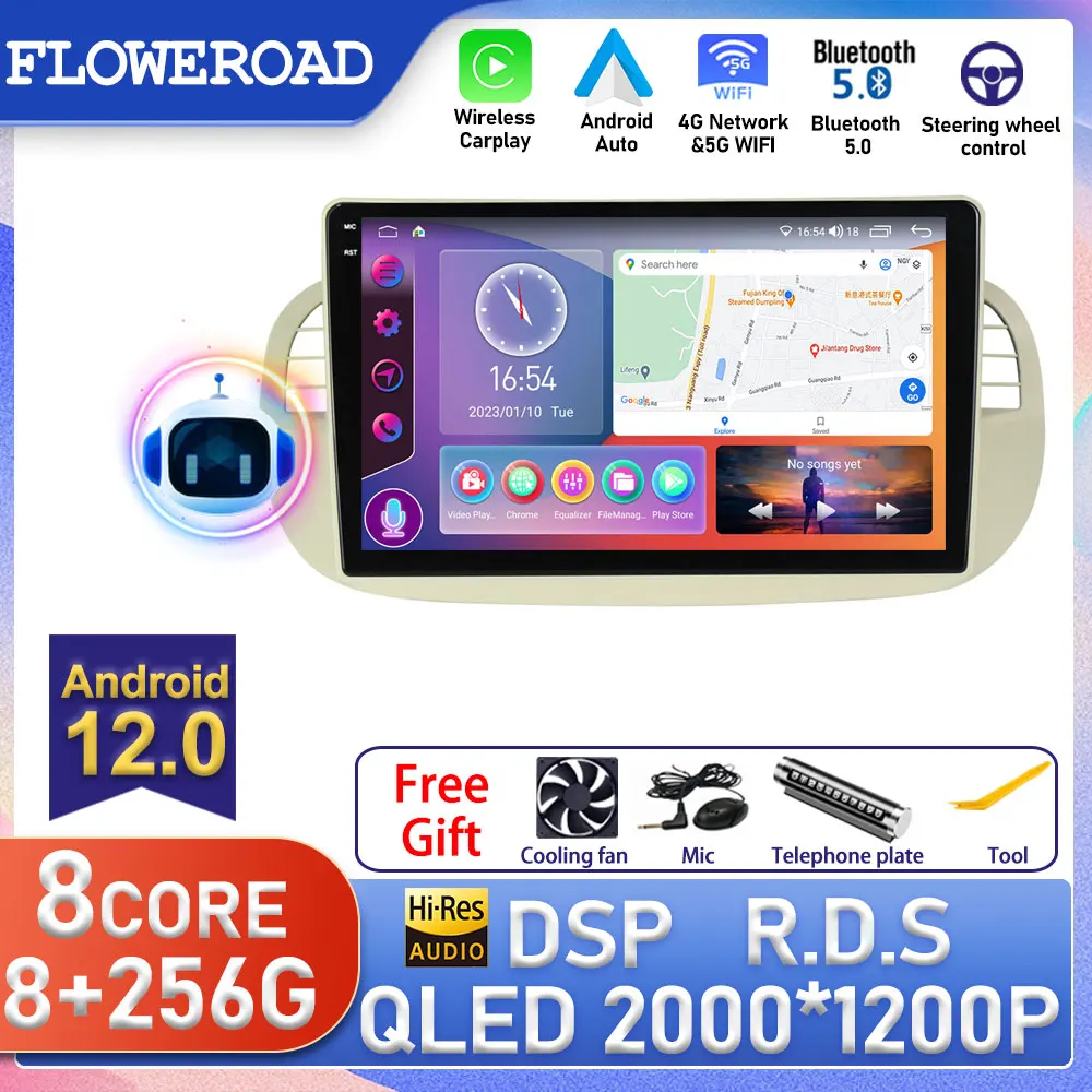 9 ''Android Auto 8 + 256G Per Fiat 500 Autoradio Stereo Navigazione Gps Controllo Del Volante Multimedia Carplay Monitor Bt Wifi