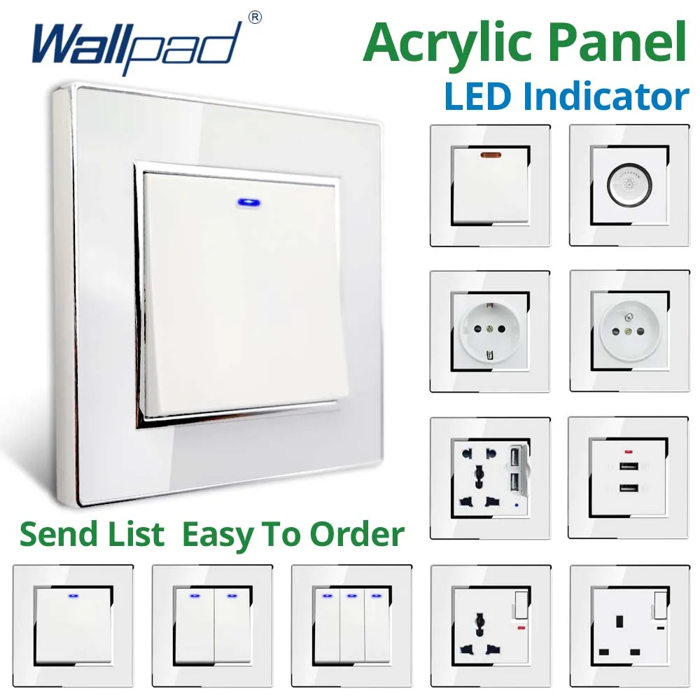 Wallpad 1 2 3 Gang 2 Way With LED Wall Light Switch and EU Electric Outlet With USB White Acrylic Panel With Silver Border