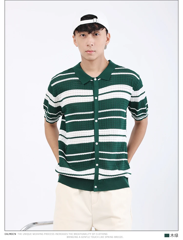 Loose Fit Knitted Polo Shirts Man Single Breasted Viscose Elastic Summer Quality Hollow Out Breathable Striped Camisas De Hombre 20 S923a8e29e41e41dd828029b0ac6312207