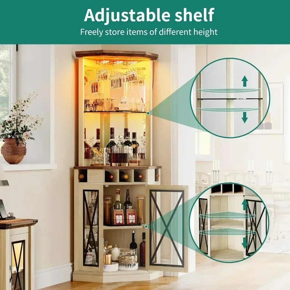 Corner Bar Cabinet w/ LED Lights, 72" Tall Farmhouse Wine Bar Cabinet w/Visualization Glass Door & Adjustable Shelves, Off White