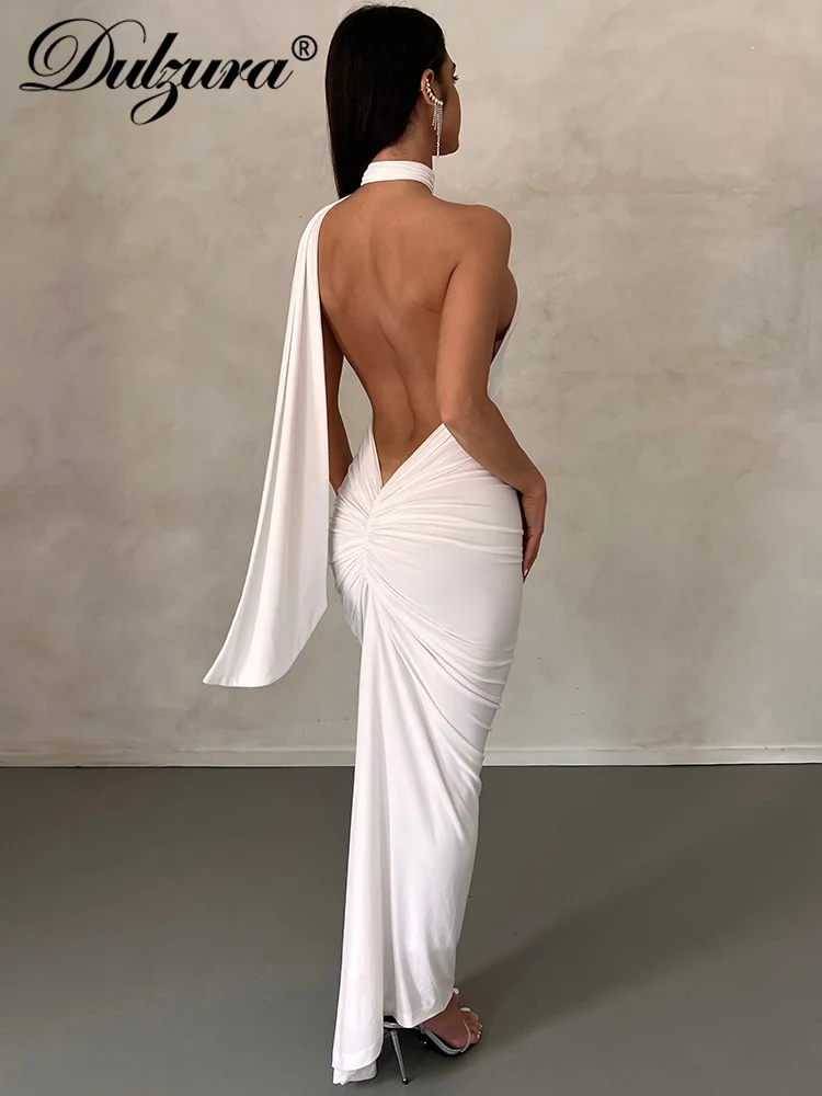 

Dulzura Autumn Ruched Bandage Y2K Clothes Sleeveless Backless Halter Bodycon Maxi Dresses For Women Evening Birthday Party Prom