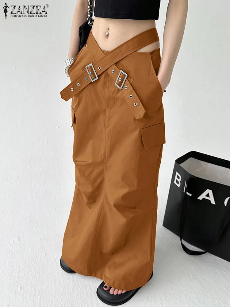 

ZANZEA Y2K Multi-Pocket Special Jupe 2023 Summer Women Cargo Skirts Fashion Cross Belted Faldas Holiday Solid Wrapped Maxi Skirt