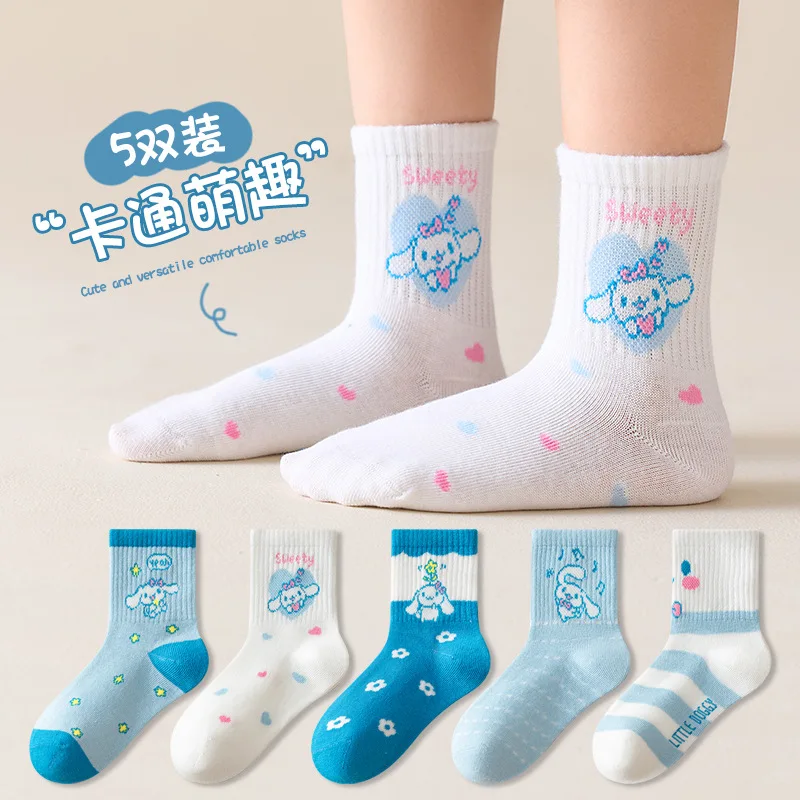 5 Pairs Hello Kitty Kids Socks Kawaii New Summer Cartoon 1-12 Years Old Children Mid-calf Cotton Sock for Girls and Boys Gifts 4