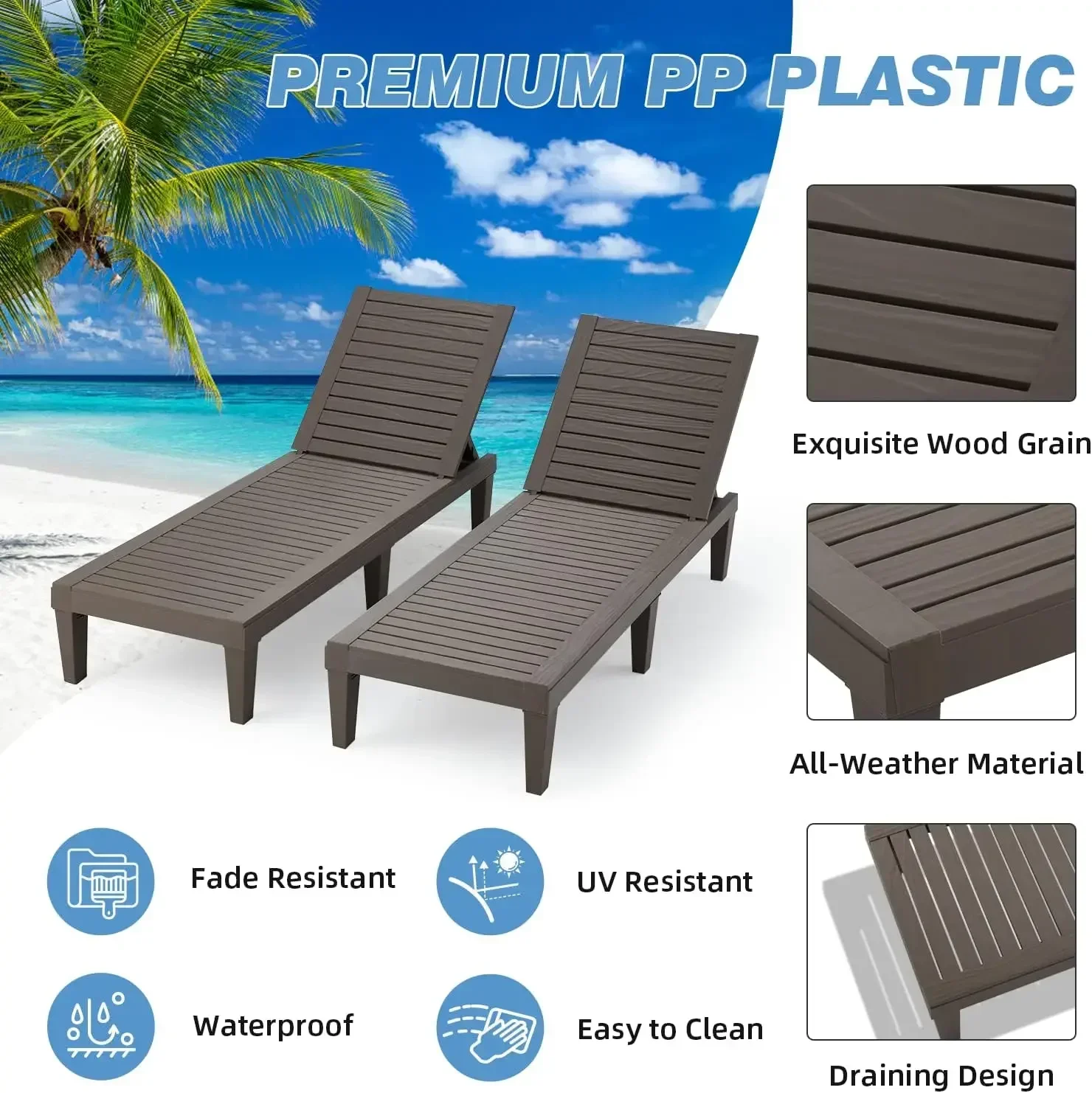 - HOT Outdoor Chaise Lounge Chairs, All-Weather Patio Loungers with 5-Position Adjustable Backrest & Wood Texture Design, Set