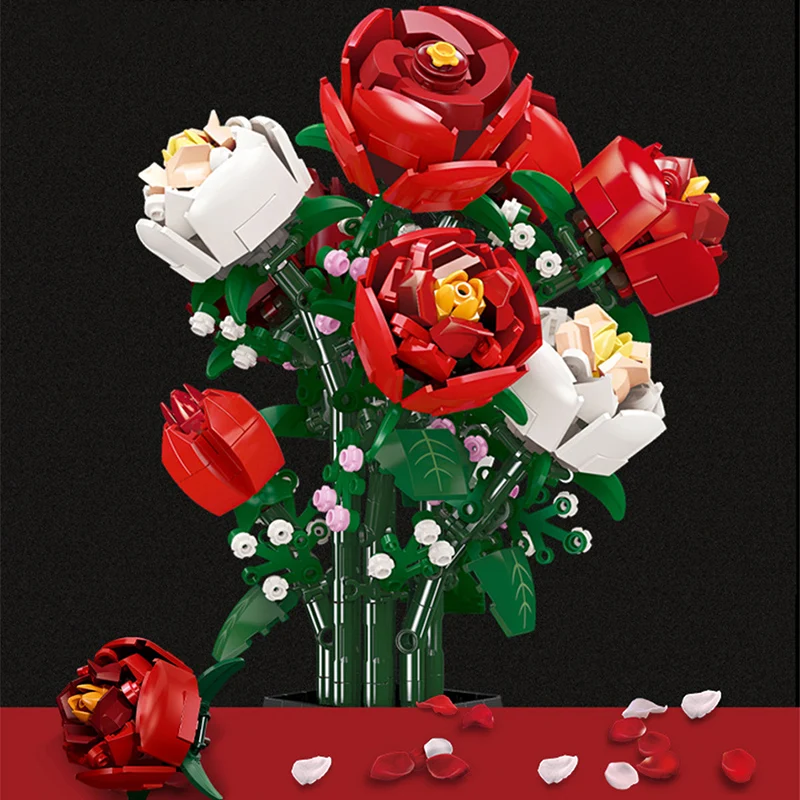 Creative Red Rose Vase Plants Model Building Blocks Moc Romantic Classic Flowers Bouquet Potted Bricks Toys Valentine's Day Gift 3