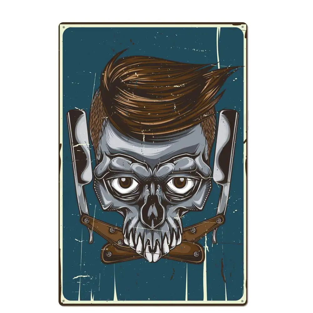 

Retro Design Skull Barber Tin Metal Signs Wall Art | Thick Tinplate Print Poster Wall Decoration for Barber Shop