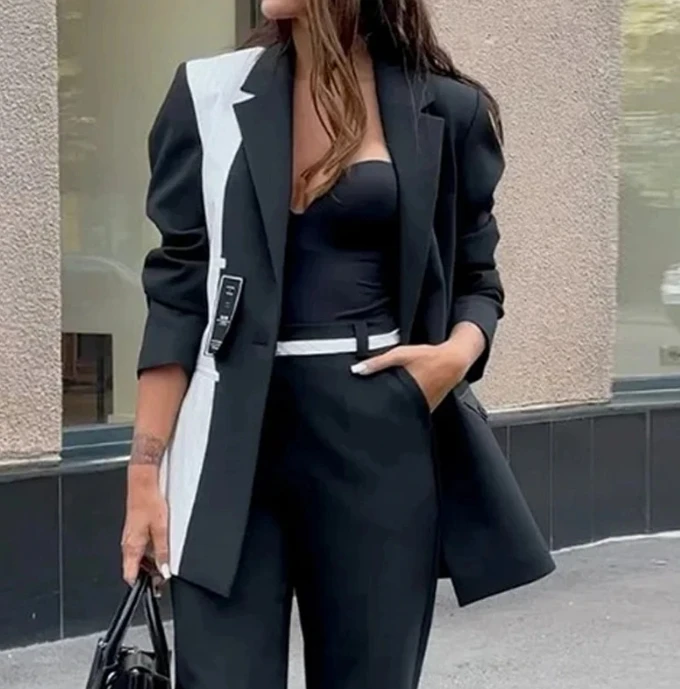 Two Piece Set Women Outfit 2023 Autumn Contrast Color Elegant Notched Collar Long Sleeve Blazer & High Waist Straight Pants Set