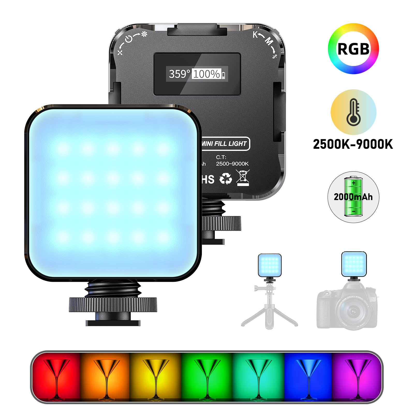 Full Color RGB LED Video Light 2500K-9000K Mini Fill 3 Cold Shoe 2000mAh Type-C Camera Light