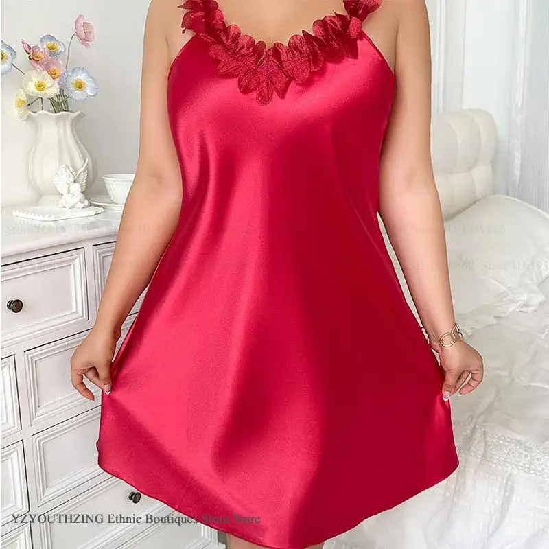 كبير الحجم 3XL-5XL الإناث ثوب النوم فستان المنزل مثير الدانتيل الحمالات الملابس الداخلية فستان النوم ملابس خاصة الصيف الحرير الجليد نايتي المتسكعون