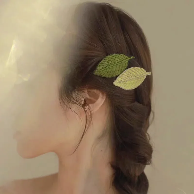 Embroidery Green Leaf Hairpin Women Bangs Side Duckbill Clip Fresh Spring Summer Fairy Hair Clips Sweet Cute Girls Headwear