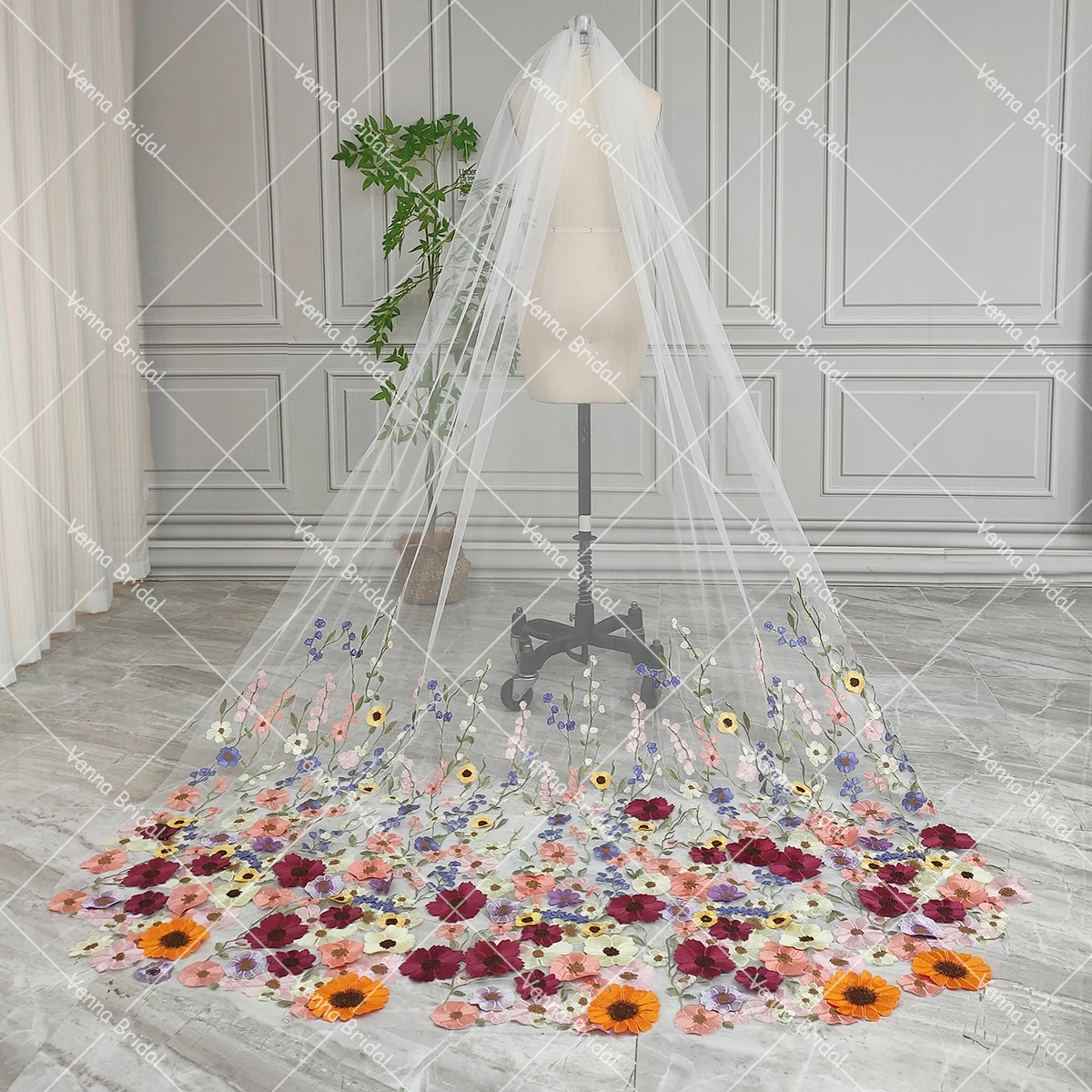 Romantic Boho 3D Embroidery Wedding Bride-To-Be Veils Chapel Train 2.5 Meter Long Drag Customized Bridal Veil