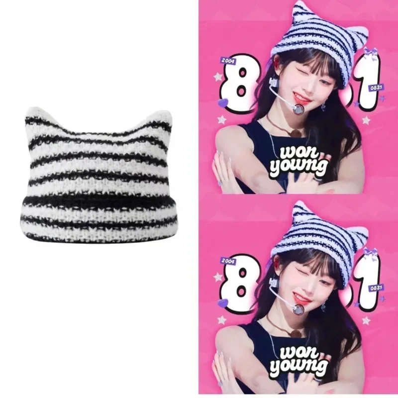 Japanese Streetwear Harajuku Beanie Little Devil Striped Knitted Hat Women Girls Autumn Winter Cute Cat Ears Cap