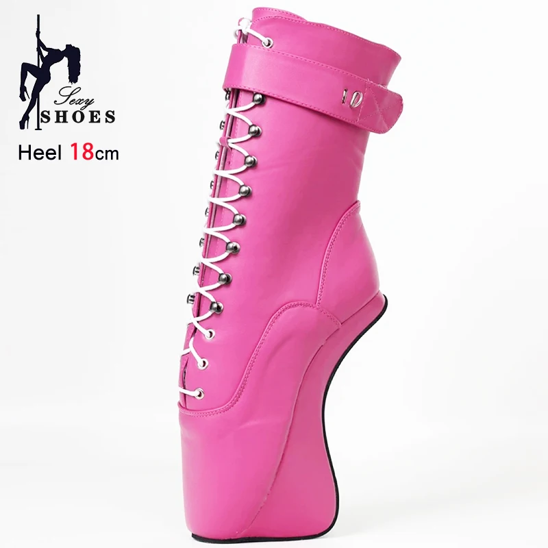 Short Ballet Boots 7" Wedge Heel Lock Wrap Strap White Ankle Boots Fashion Sexy Fetish Lockable Padlocks 18CM Hoof Heel Shoes