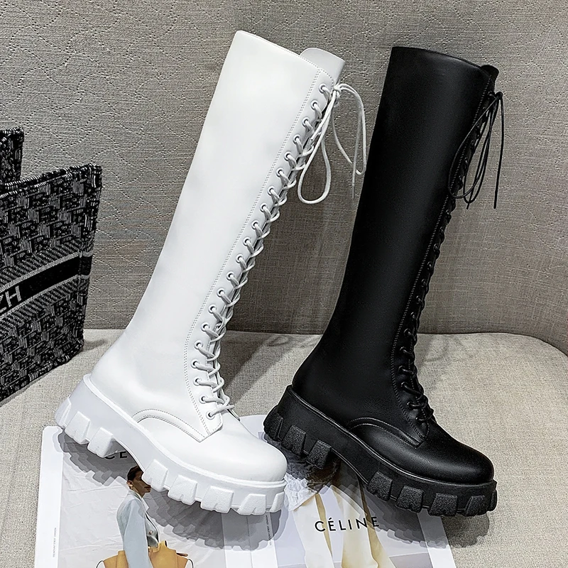 Fashion Women Cross Strap PU Leather Boots Autumn Winter Knee High Ladies Thick Sole Platform Botas Mujer Mid-calf White N |