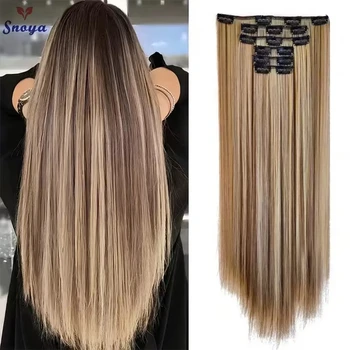 Extension per capelli con 16 clip, 24 pollici, lunghi e lisci, sintetici, biondi e neri, resistenti al calore, 6 pezzi/set