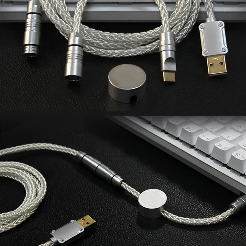 Metal Usb Tipo-c Cabo de Carregamento 7n Single Crystal Copper Strand Silver Plated Cabo de Dados para Teclado Mecânico Plugue de Aviação - Imagem 6