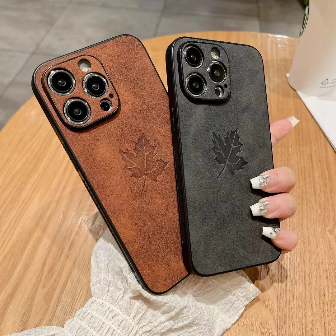 Luxury Maple Pattern Suede Leather Phone Case with Fine Hole Camera and Shockproof Soft Bumper Cover