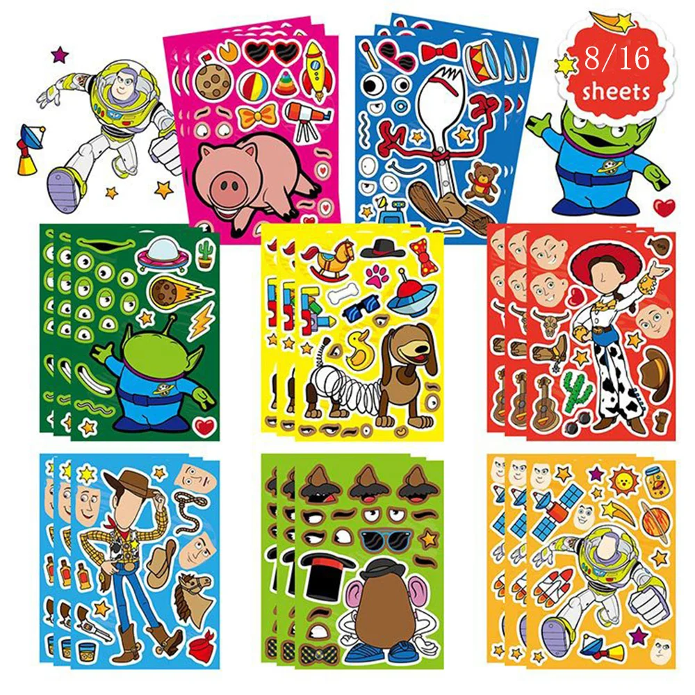 8/16Sheets Disney Toy Story Puzzle Stickers Game DIY Funny Make a Face Party Decoration Jigsaw Sticker for Kid Decal Craft Toys 17pcs mushroom stickers handbook stickers diy craft photo albums sticker scrapbooking stickers