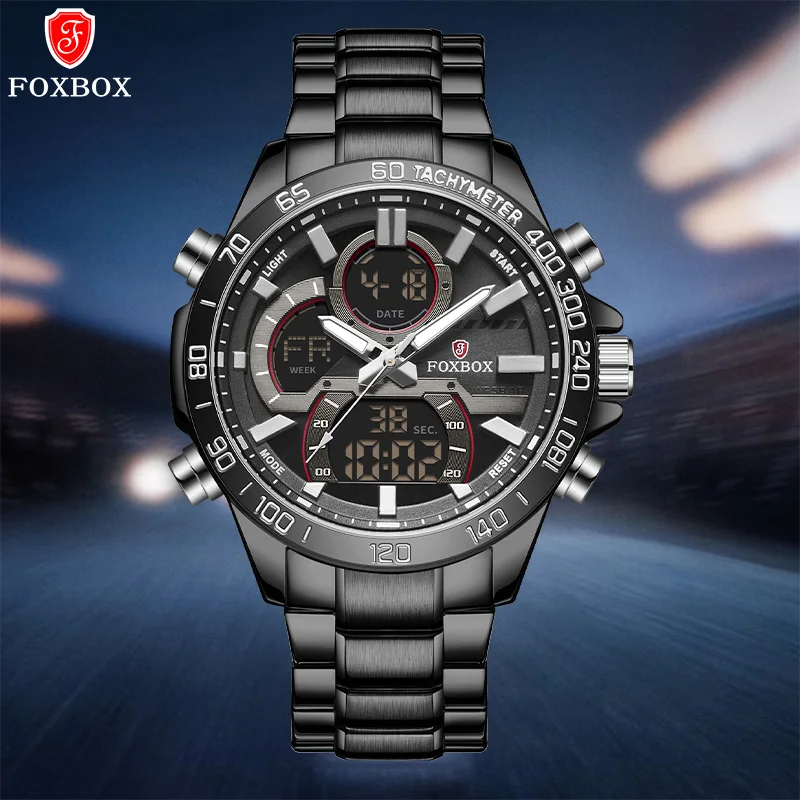 FOXBOX Men's Fashion Business Quartz Analog Digital Wristwatch Stainless Steel Luminous Chronograph Man Watch Relogio Masculino