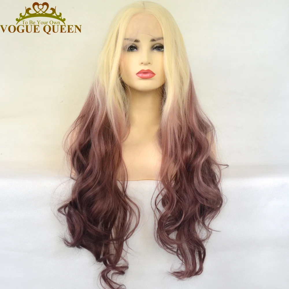 

Vogue Queen Blonde And Brown Ombre Synthetic Lace Front Wave Wig Heat Resistant Fiber Natural Hairline Cosplay For Women