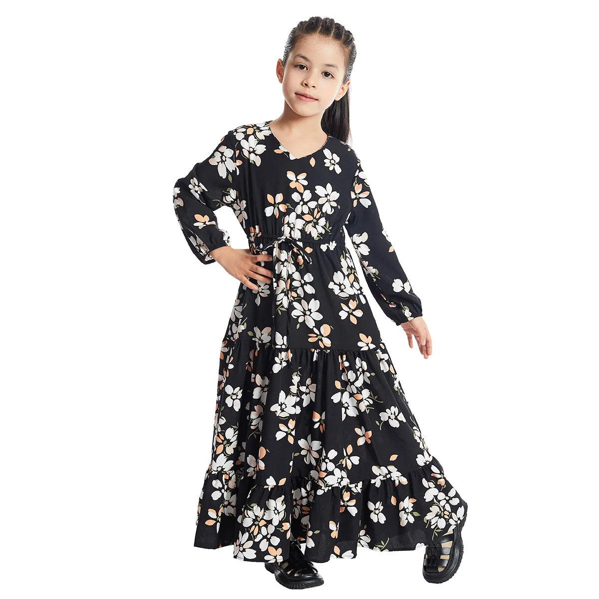 Muslim Robe Gown Floral Dress for Kids Children Abaya Princess Long Dresses Girl Kimono Ramadan Middle East Arab Islamic Clothes