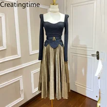 

Creatingtime 2022 Spring New Square Collar Gold Thread Embroidery Lace Sweater and High Waist Pleated Vintage Style Skirt GA043