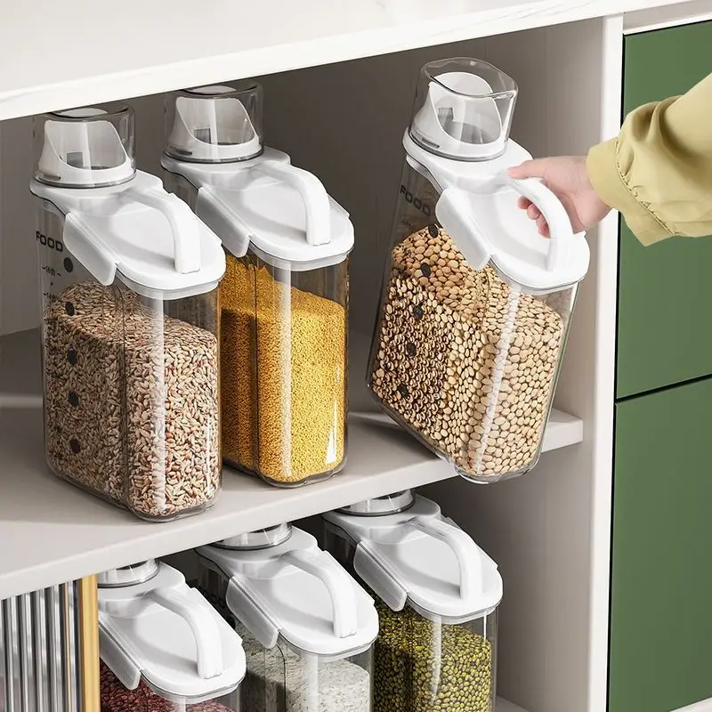 Airtight Food Storage Container Transparent Kitchen Cereal Storage Jars  with Measuring Cup Pouring Spout Cabinet Organizer Box