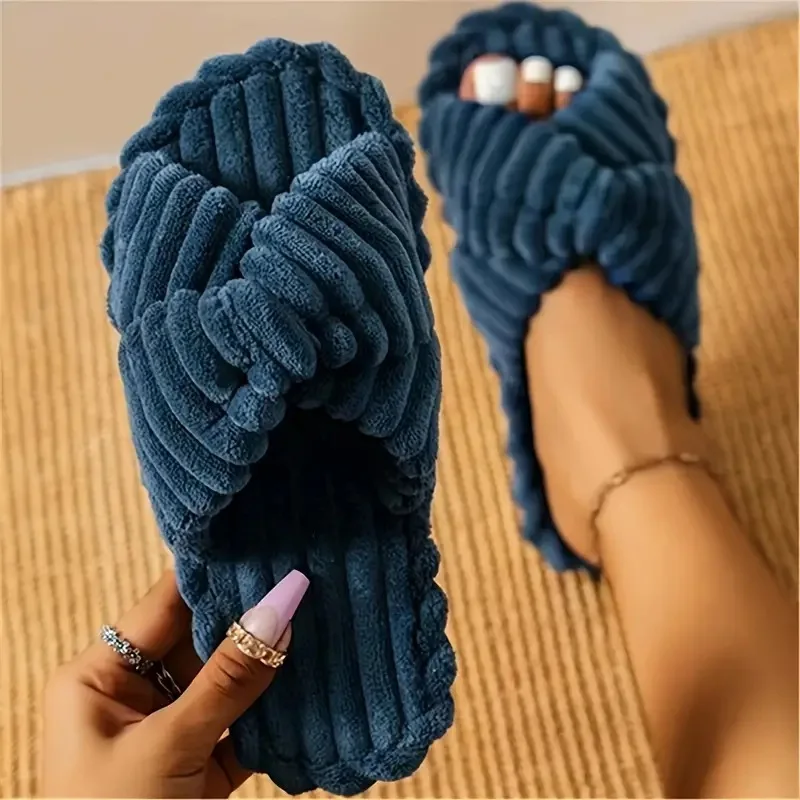 2024 Women's Autumn/Winter New Cotton Non slip Home Slippers Warm Toe Cross Flat Bottom Slippers - Image 3