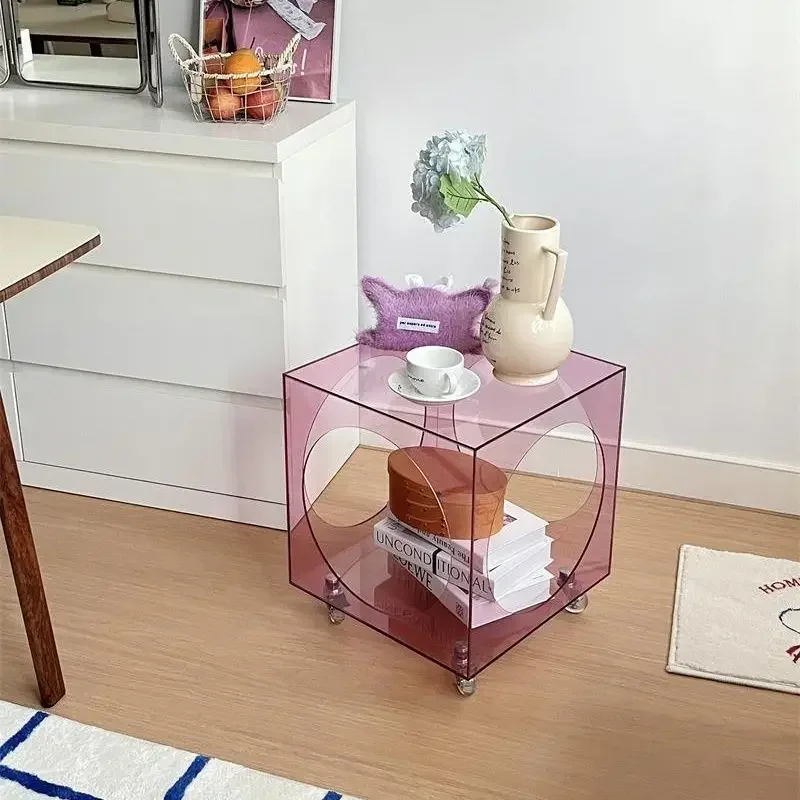 Acrylic Movable Trolley Coffee Table Sofa Side Table High-end Creative Bedside Large Capacity Storage Rack