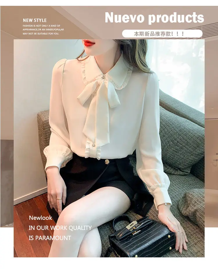 Bow Tie White Chiffon Shirt 2022 Spring Summer Korean Fashion Blouse Lace Elegant Long Sleeve Shirt for Female Casual Clothing