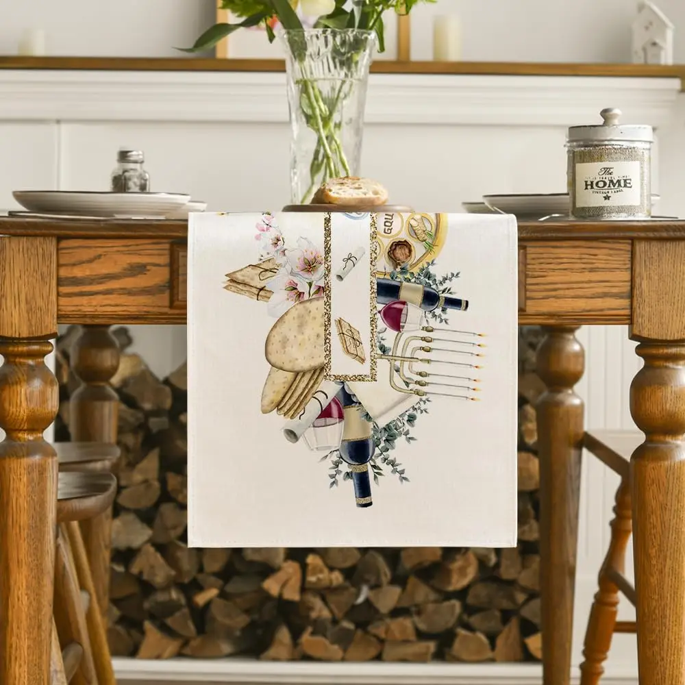 Passover Unleavened Bread Wine Linen Table Runner Jewish Holiday Decor Candelabra Kitchen Dining Table Runner Home Table Decor 2