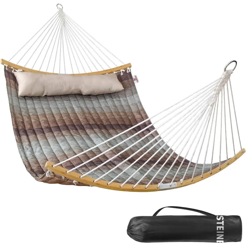 

Double Hammock, 11 FT Quilted Fabric 2 Person Hammock for Outside with Pillow, Folding Curved Spreader Bar, Chains, Carrying Bag