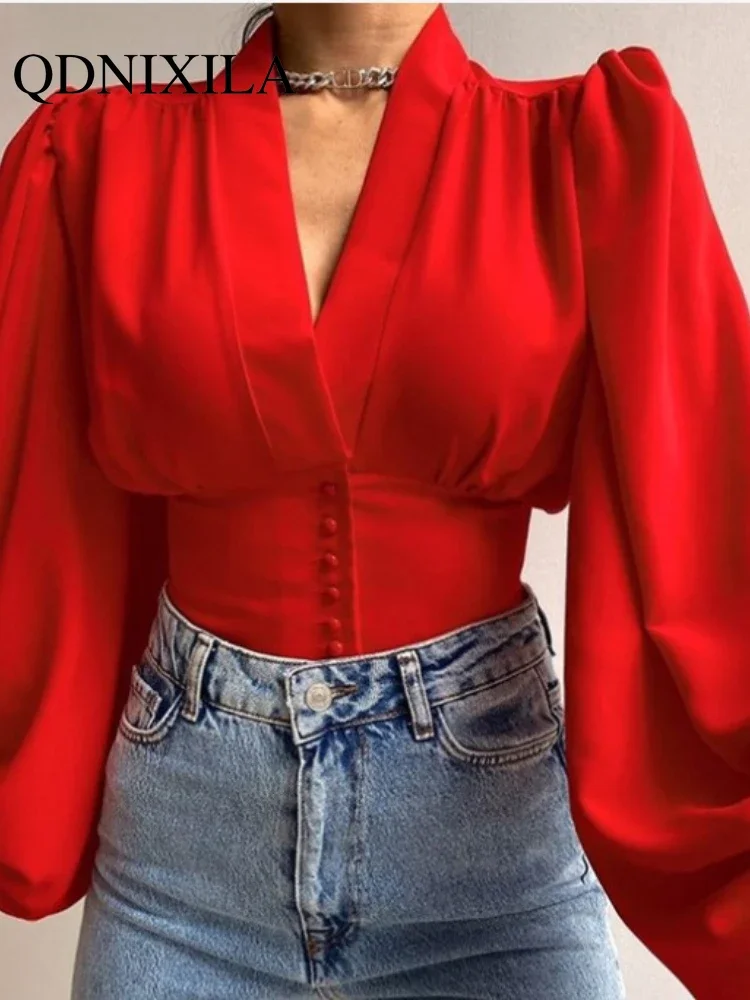 Spring and Summer Women\'s Shirt Temperament Commuter Cardigan Waist V-Neck Long Sleeve Lantern Sleeve Shirt Blouse  Women Tops