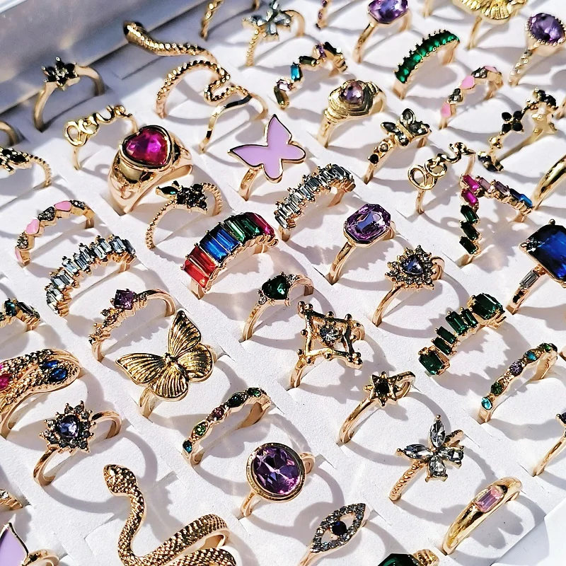 

20Pcs/Lot Trendy Colorful Crystal Zircon Rings for Women Girls Mix Design Luxury Rhinestone Butterfly Snake Finger Ring Jewelry
