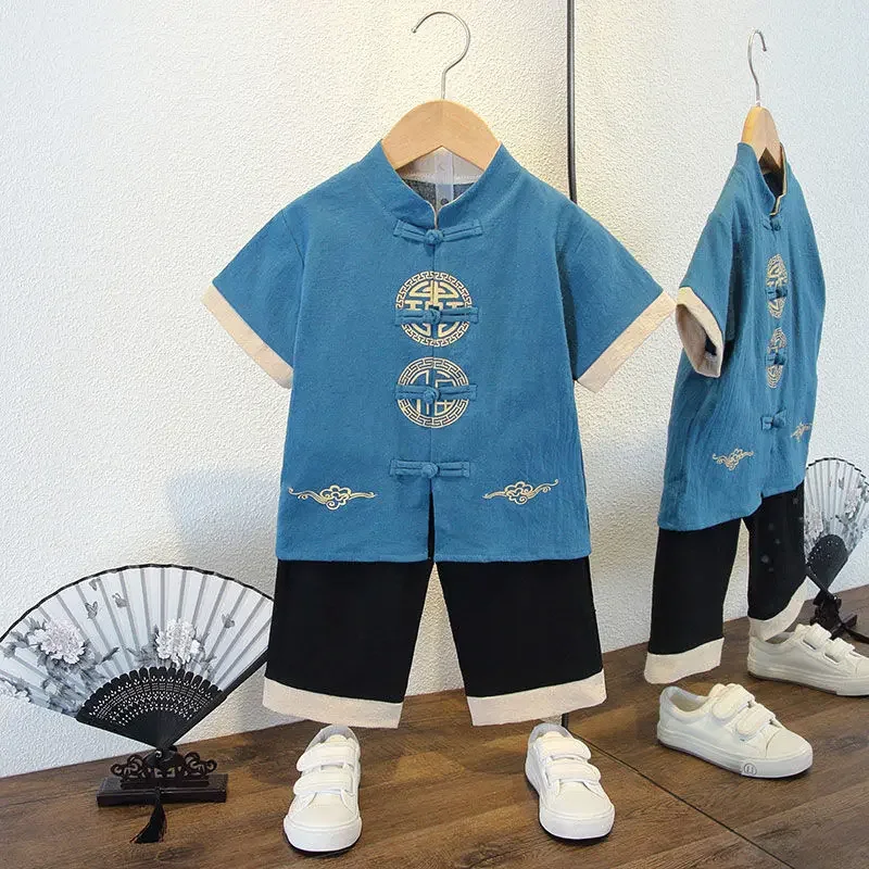 Fashion Chinese Style Boys' Short Sleeved Tang Suit Tops Pants Baby Hanfu Ethnic Style School Martial Arts Performance Clothing