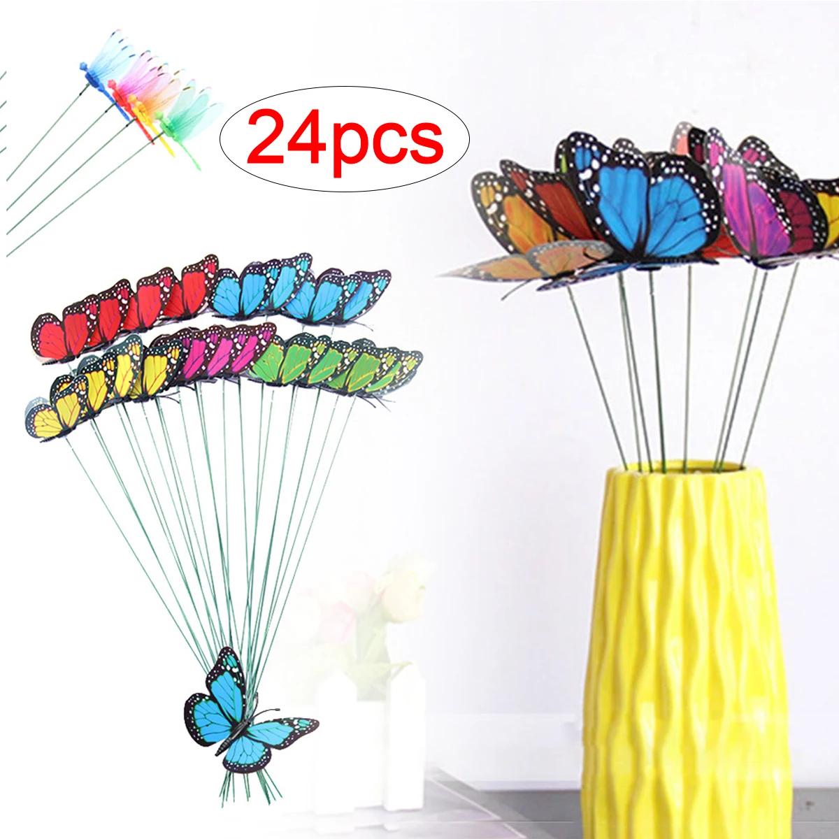 

24pcs monarch butterfly pvc simulation butterfly dragonfly cuttings home flower arrangement outdoor lawn garden decorations