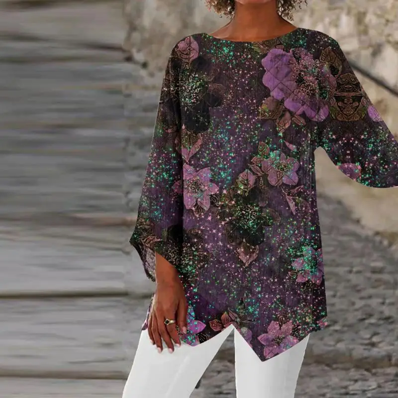 

Plus Size Women's Round Neck 3/4 Sleeve Irregular Hem Top