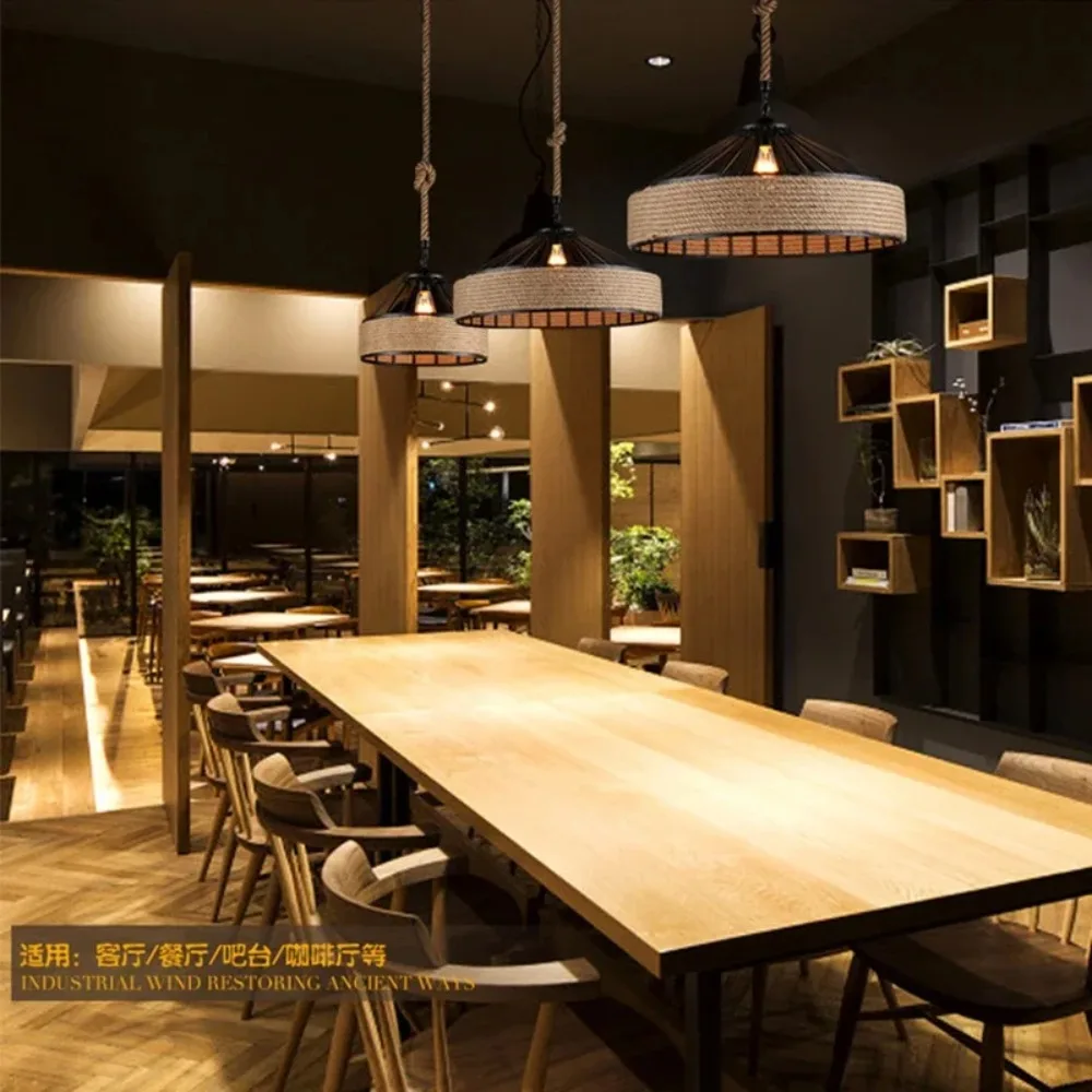 Retro Vintage Industrial Hemp Rope LED Ceiling Lamp, Home, Bar, Restaurant, Round Chandelier, Decorative Night Light, 30/40cm