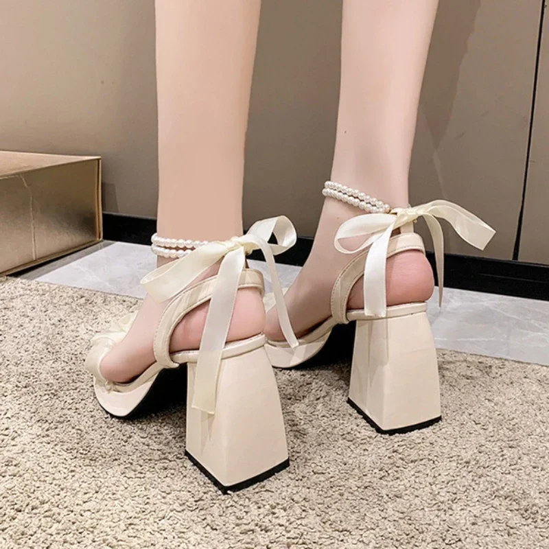 Fashion 2025 Women's Pumps with Elegant Bows Women Shoes Party Square Toe Pearl Sandals Thick Heel Shoes for Women Retro Zapatos 6