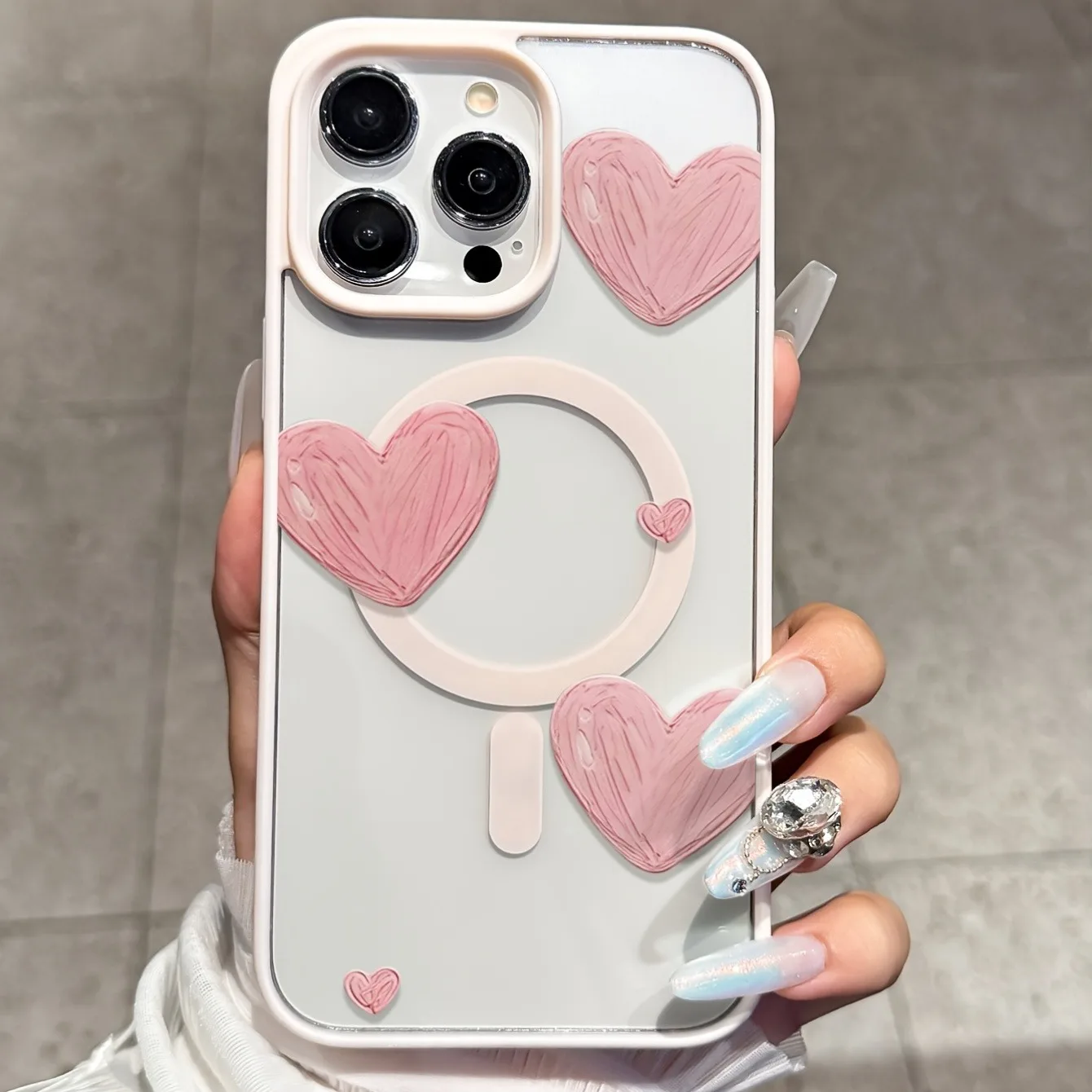 Hand-Painted Pink Heart Magnetic Phone Case with Bumper Cover