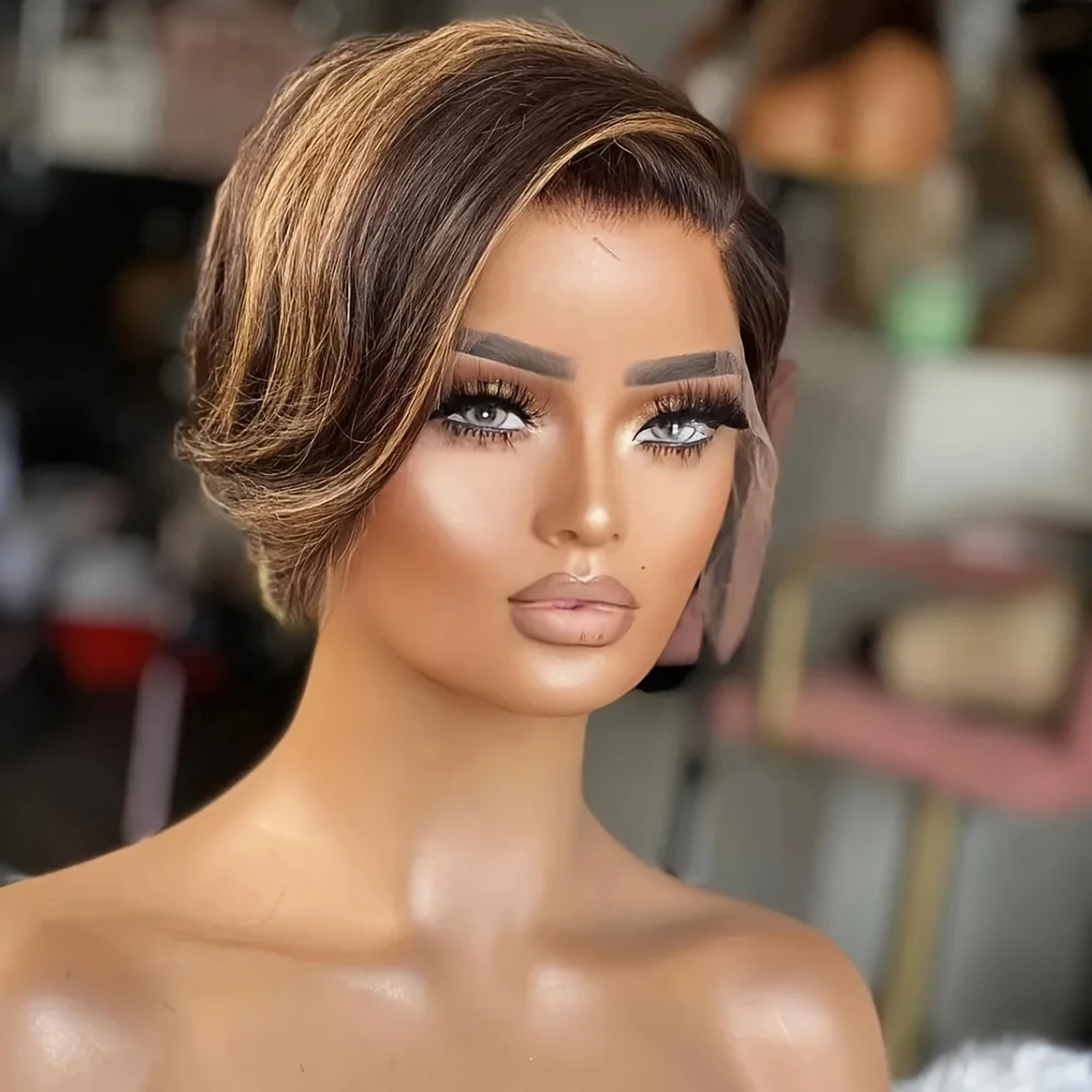 Short Pixie Cut Bob Wig Transparent 13X4 Lace Frontal Wavy Human Hair Wigs For Women Highlight Wig PrePlucked Hairline