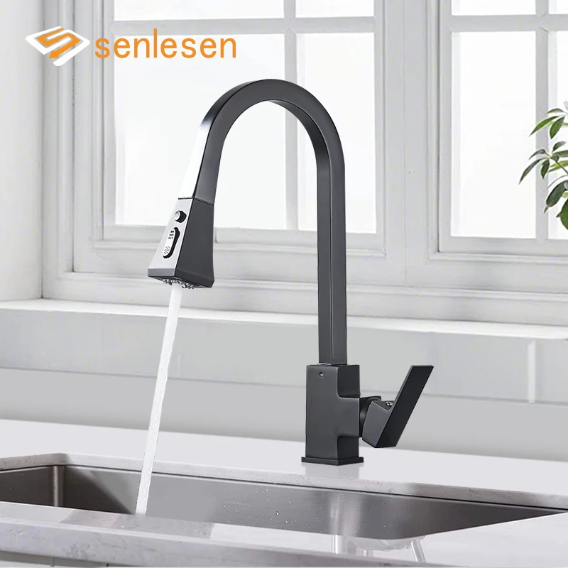Matte Black Kitchen Faucets Pull Out Kitchen Sink Faucet Brass Stream Spray Two Water Modes 360