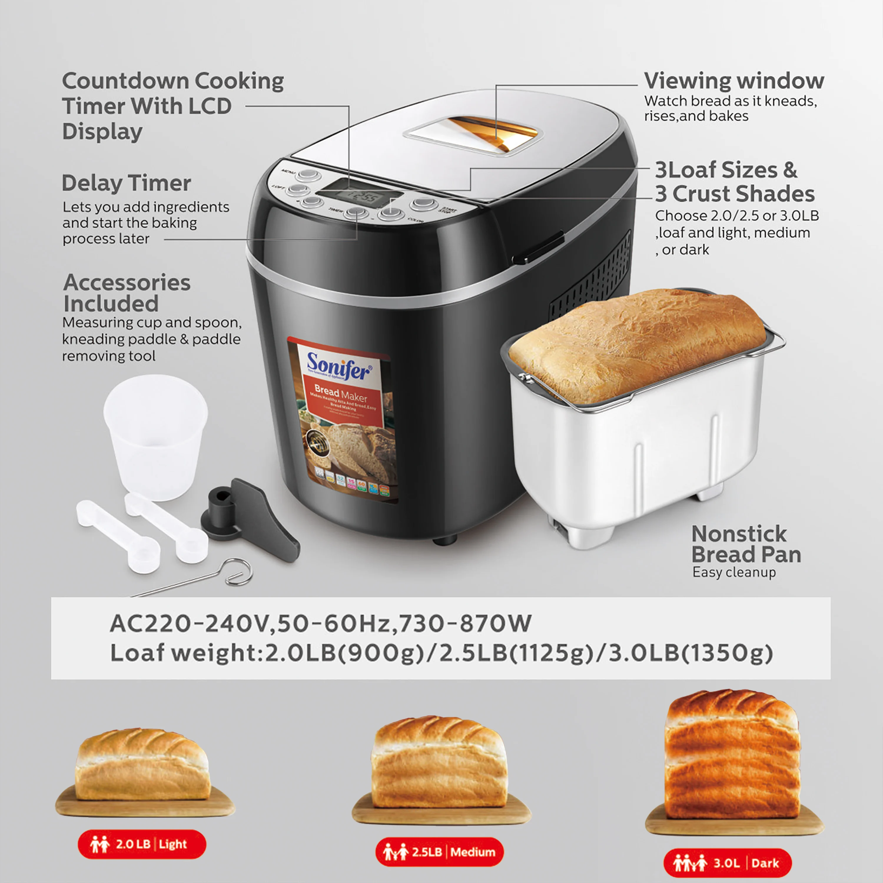 1.3kg Automatic Bread Machine 870w Programmable Bread Maker 15-hour Pre-set Timer Control Panel With Lcd Display Sonifer