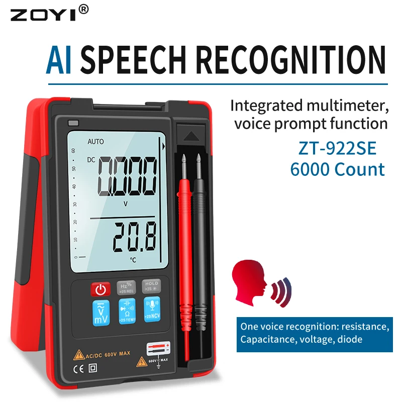 

Цифровой мультиметр ZOYI ZT-922SE Smart Voice широкополосный, Автоматический диапазон, 6000 отсчетов, измеритель переменного/постоянного тока, напряжения Ом, емкости, температуры, бесконтактного напряжения, Гц