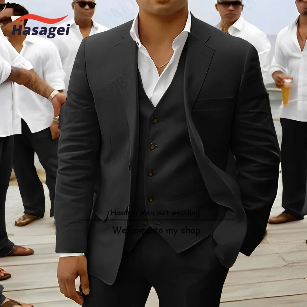 2023 Men's Suit Linen Material Jacket Pants Vest 3-piece Set Groom Wedding Tuxedo Breathable Slim Fit Formal Blazer