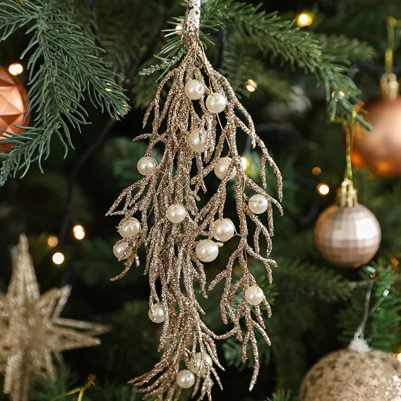 Champagne Colour Shaped Pendant Sticky Powder Pearl Plastic Cypress Leaves Christmas Tree Hanging Decorations Christmas Ornament